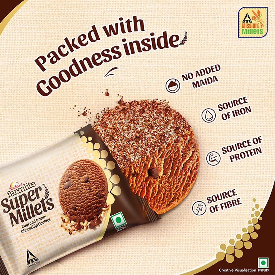 Sunfeast Farmlite Super Millets Ragi and Jowar Chocochip Cookies : 75 g