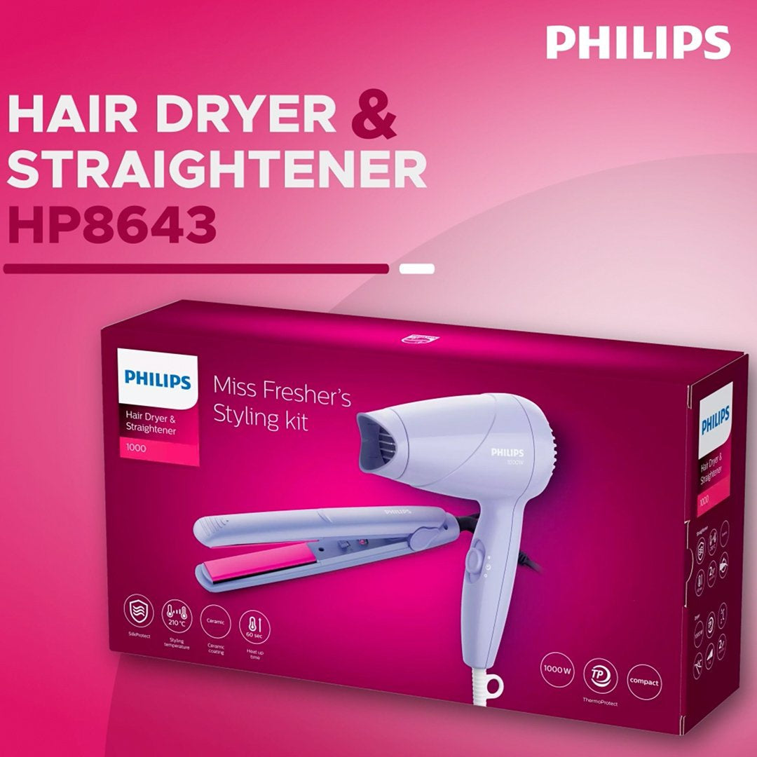 Philips HP8643/56 Miss Fresher's Hair Styling Kit (1000 Watts) (Pink, 1000W) : 1 pack