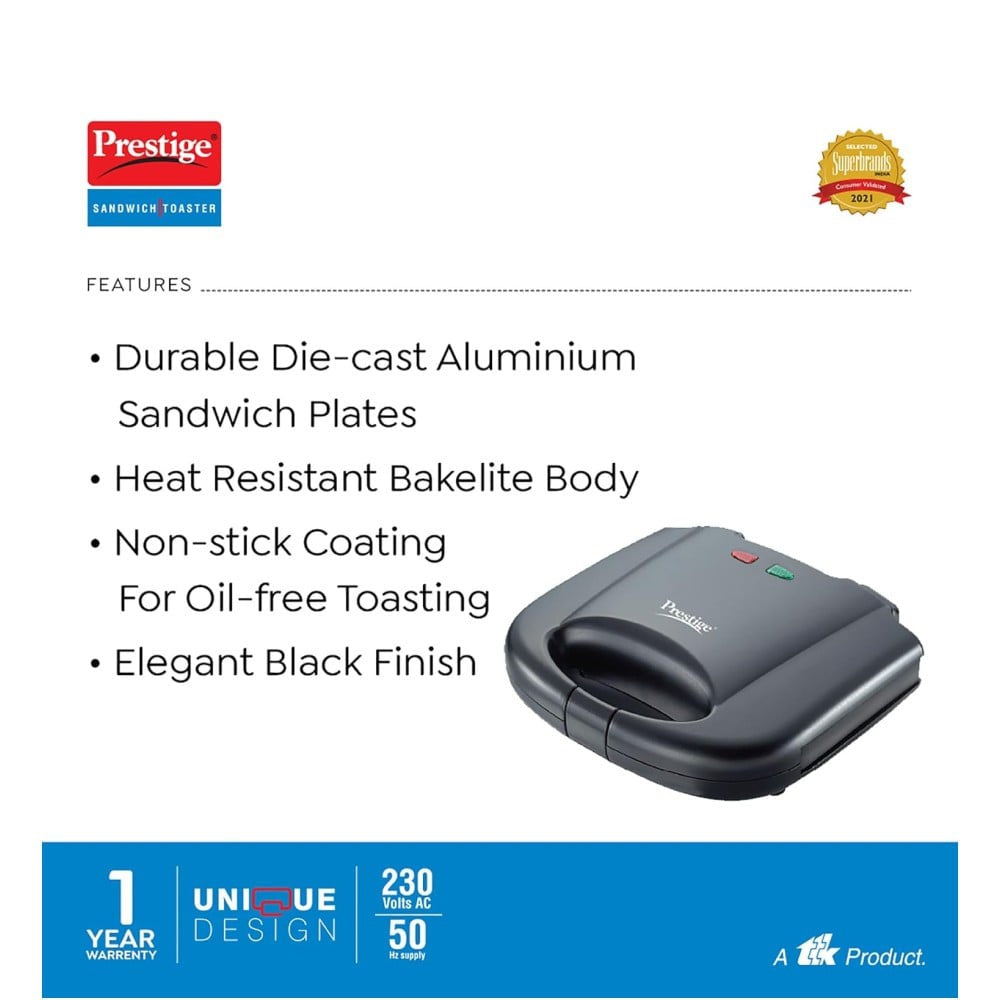 Prestige Grill Sandwich Maker with Fixed Grill Plates (800W, Black) : 1 unit