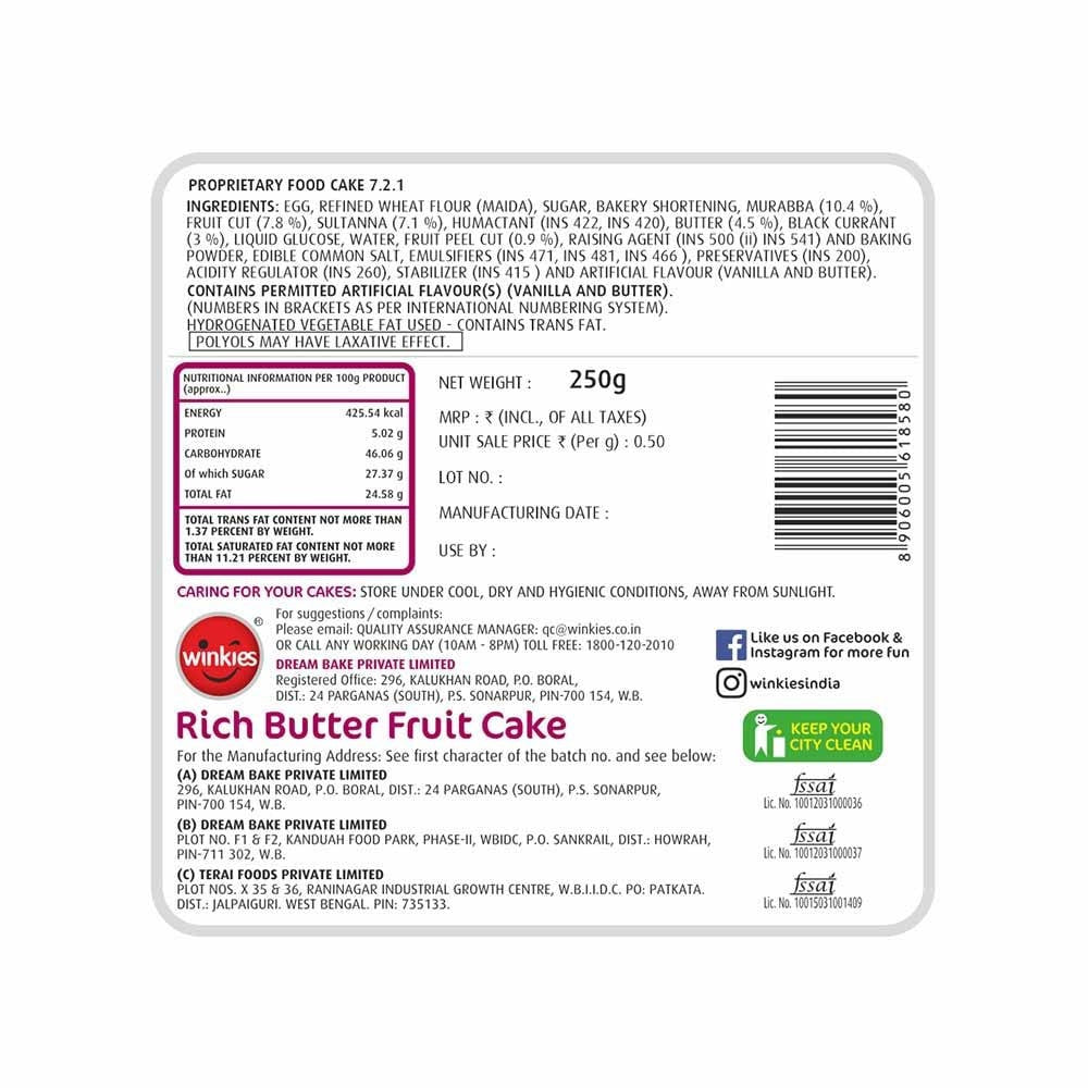 Winkies Rich Butter Pound Cake : 250 g