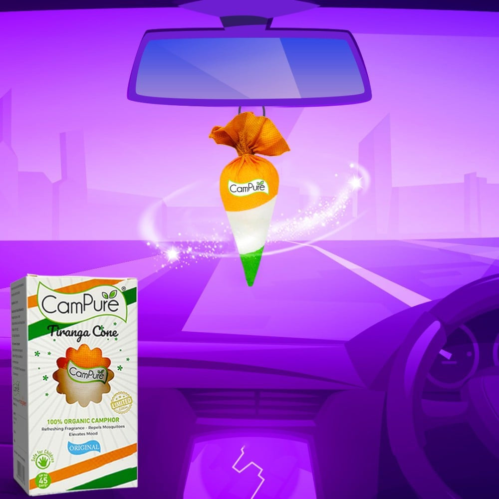 CamPure 100% Organic Camphor Tiranga Car Freshener Cone : 60 g