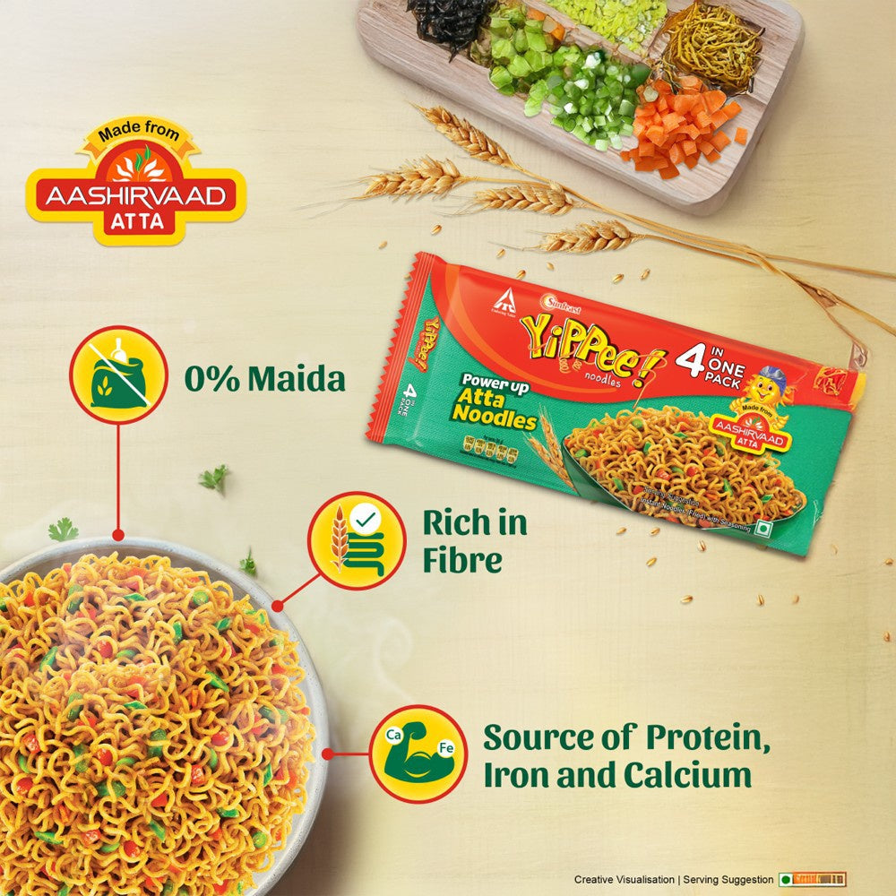 Yippee Power up Atta Instant Noodles Made from Aashirvaad Atta - Pack of 2 : 2 x 280 g