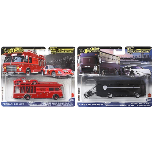Hot Wheels Premium Transporter Combo — Ferrari 250 GTO with Fiat 642 RN2 Bartoletti & Lykan Hypersport Euro Hauler — by Mattel