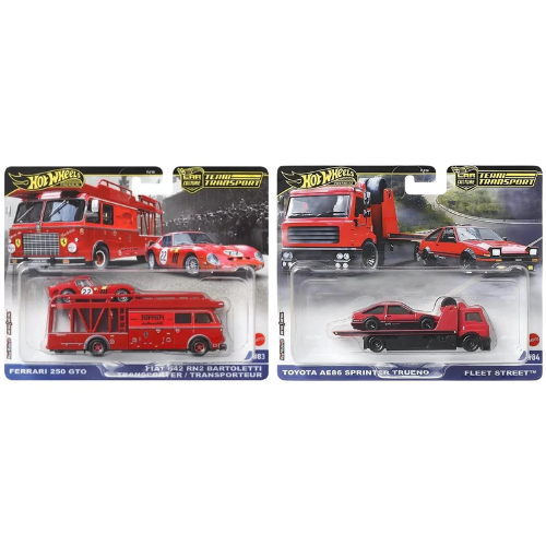 Hot Wheels Premium Team Transport Ferrari 250 GTO with Fiat 642 Bartoletti + Toyota AE86 Sprinter Trueno Fleet Street — by Mattel