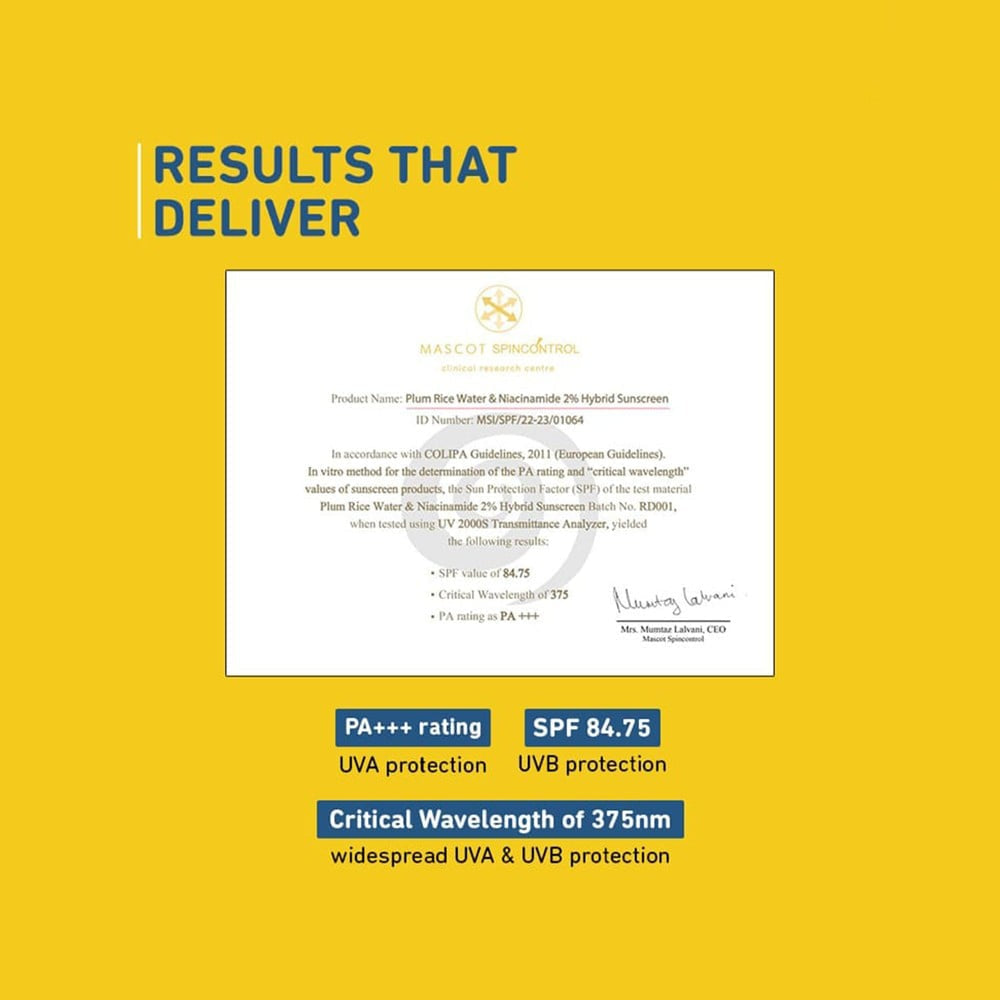 Plum Rice Water & Niacinamide Hybrid Sunscreen (SPF 50, PA +++) : 50 g