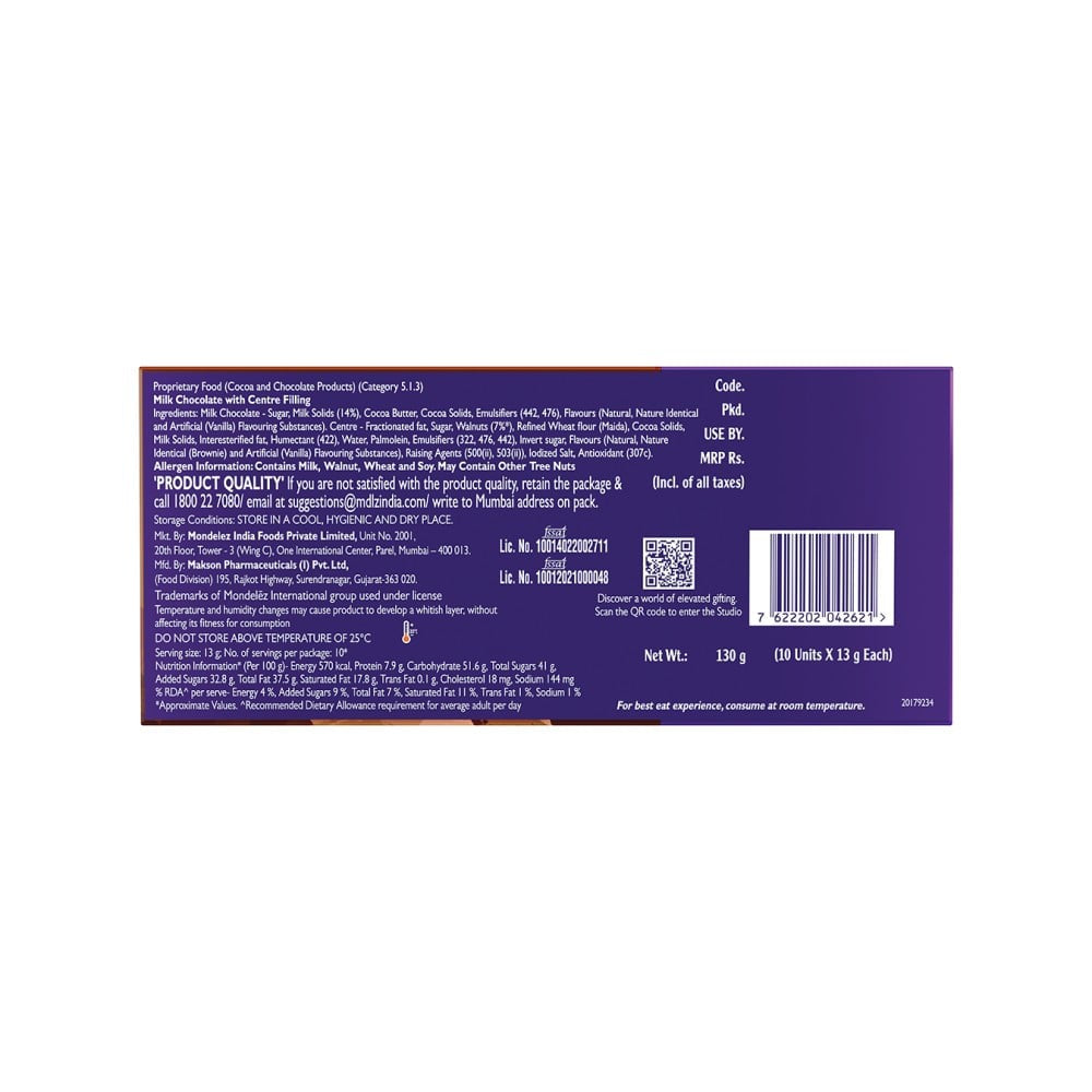 Cadbury Studio Brownie Aux Noix Signature Pralines Chocolate Gift Pack : 130 g (10 x 13 g)