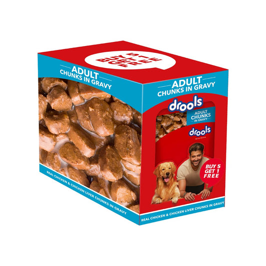 Drools Adult Dog Wet Food (Chicken Liver Chunks in Gravy) : 5 x 150 g + 150 g