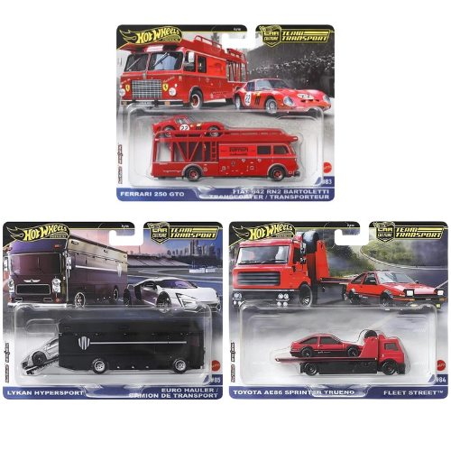 Hot Wheels Premium Team Transport & Euro Hauler Set — Ferrari 250 GTO, Lykan Hypersport & Toyota AE86 — by Mattel
