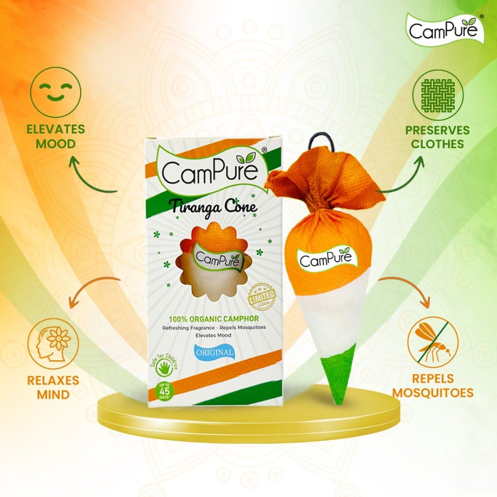 CamPure 100% Organic Camphor Tiranga Car Freshener Cone : 60 g