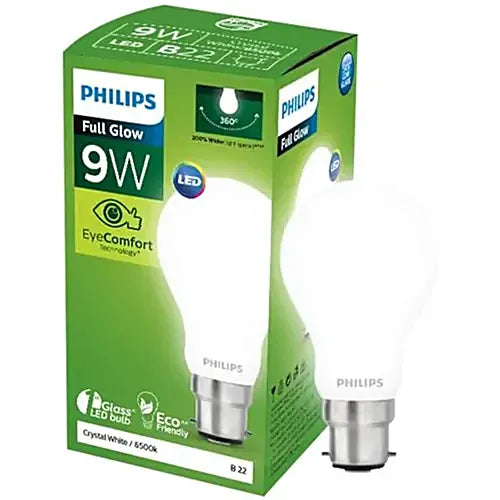 Philips Full Glow 9W LED Bulb - Crystal White, 825 Lumen, 6500K B22, Diffused, 1 pc