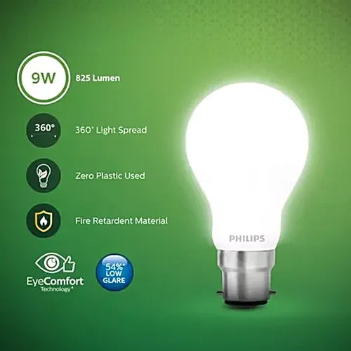 Philips Full Glow 9W LED Bulb - Crystal White, 825 Lumen, 6500K B22, Diffused, 1 pc