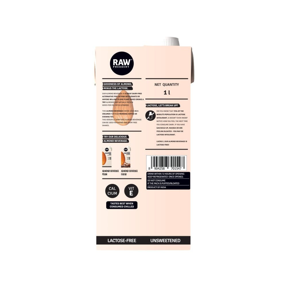 Raw Pressery Plain & Unsweetened Almond Beverage - Pack of 2 : 2 x 1 ltr