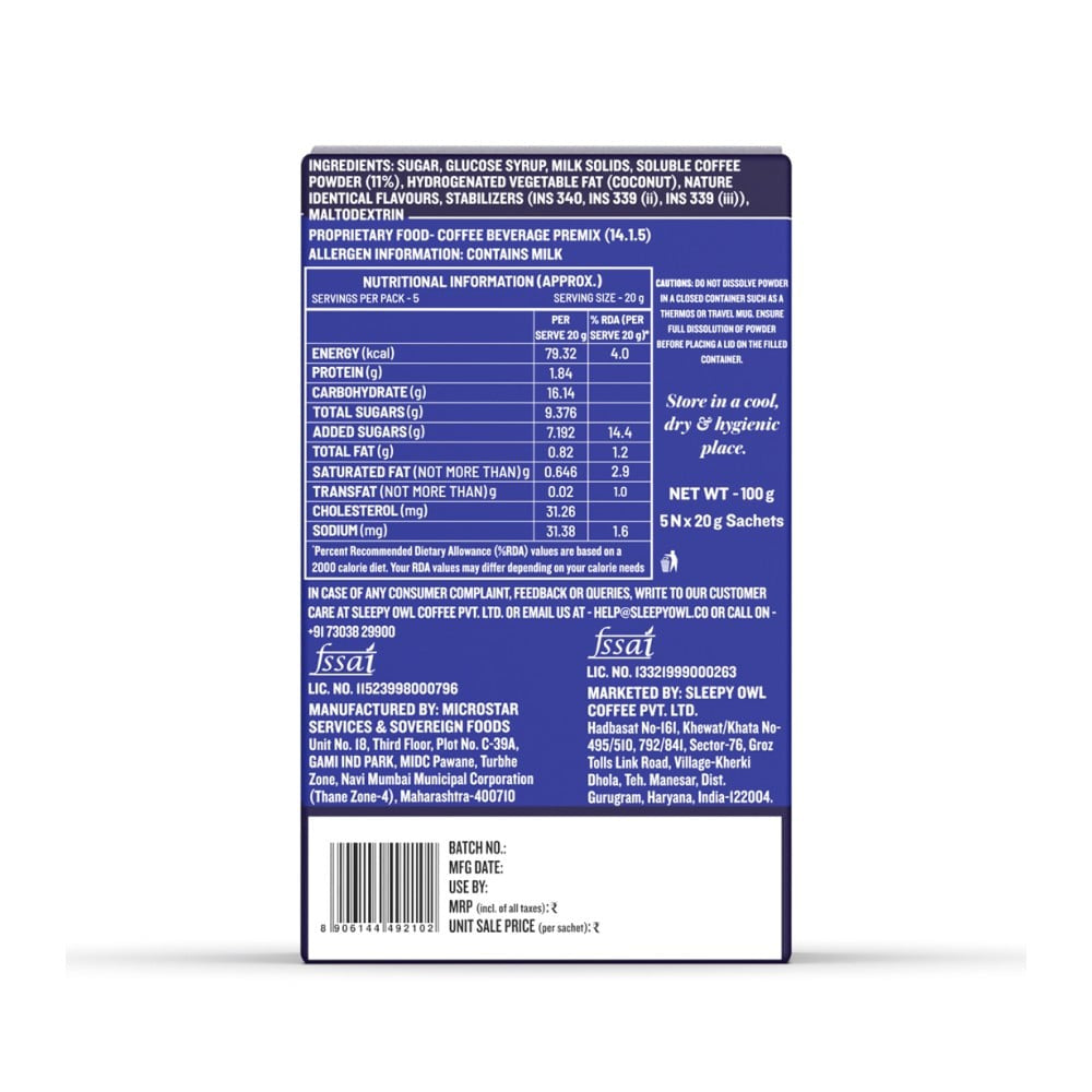 Sleepy Owl Cappuccino Instant Coffee Premix (3 in 1) : 5 x 20 g