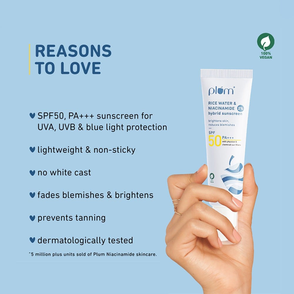 Plum Rice Water & Niacinamide Hybrid Sunscreen (SPF 50, PA +++) - Pack of 2 : 2 x 50 g