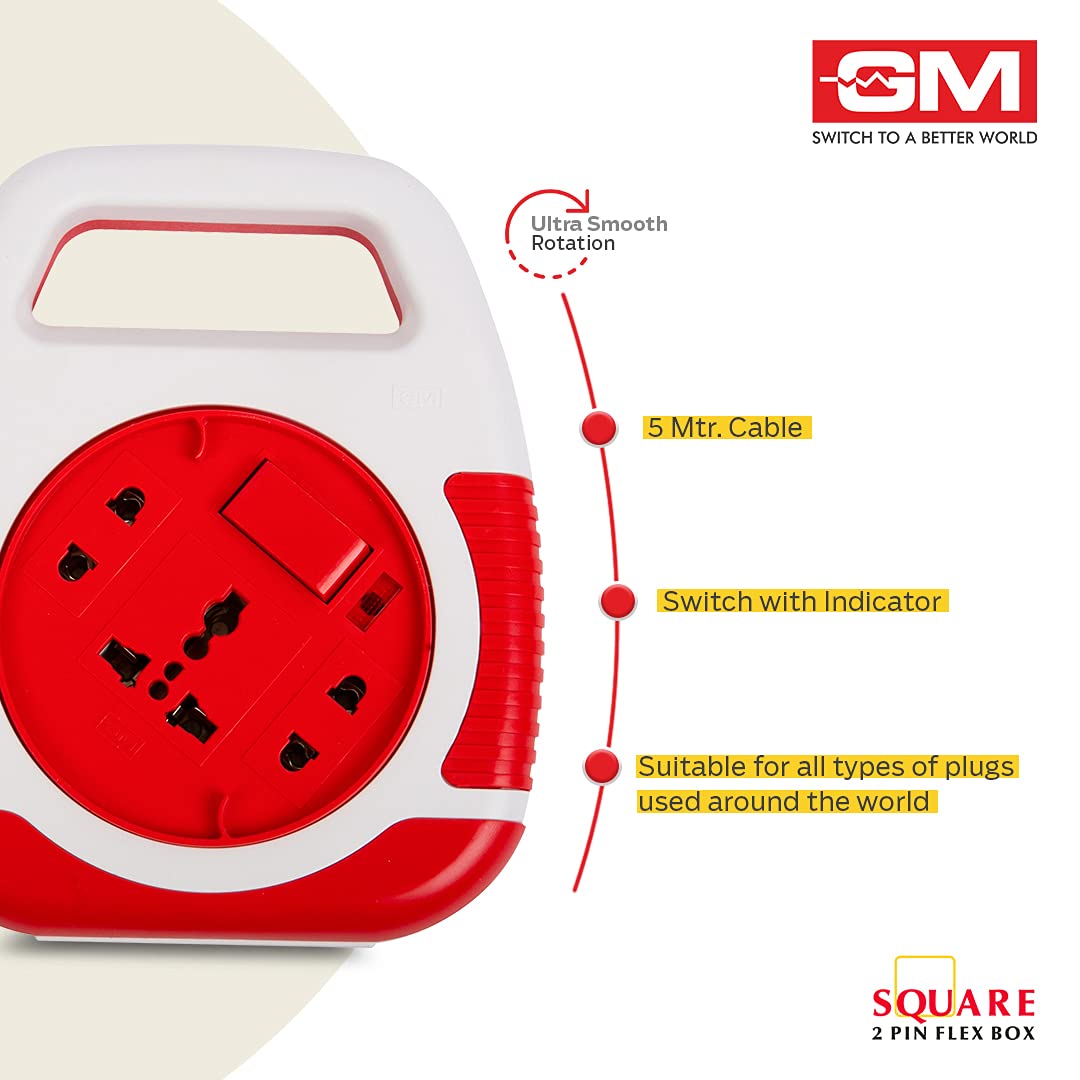 GM 3040 240V Square 2 Pin Flex Box (5 Metre) with Handle, Indicator & International Socket (Red and White)