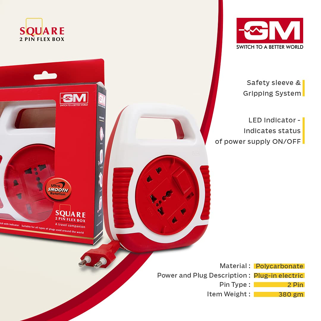 GM 3040 240V Square 2 Pin Flex Box (5 Metre) with Handle, Indicator & International Socket (Red and White)