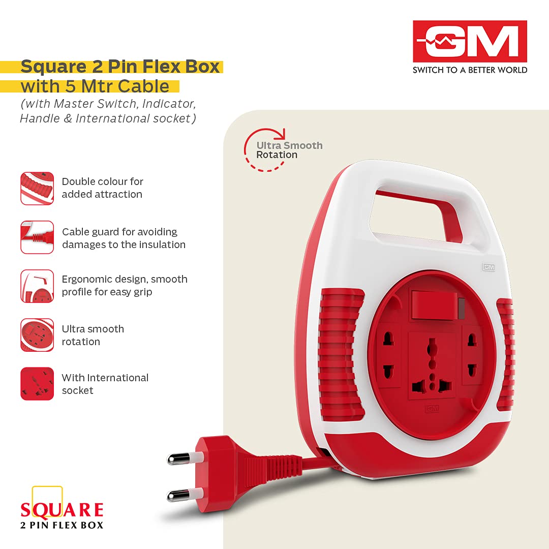 GM 3040 240V Square 2 Pin Flex Box (5 Metre) with Handle, Indicator & International Socket (Red and White)