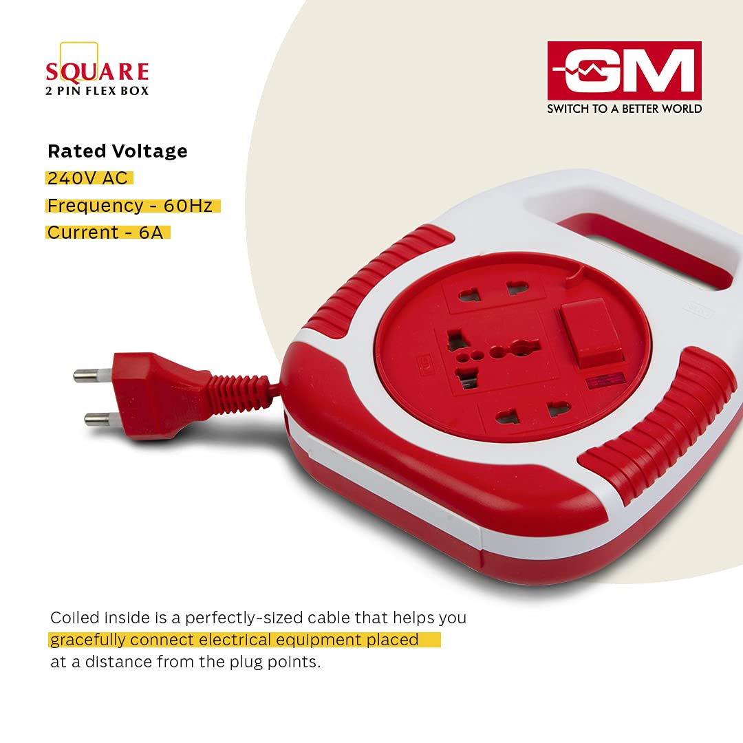 GM 3040 240V Square 2 Pin Flex Box (5 Metre) with Handle, Indicator & International Socket (Red and White)