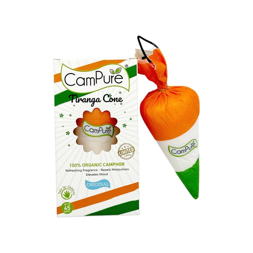 CamPure 100% Organic Camphor Tiranga Car Freshener Cone : 60 g