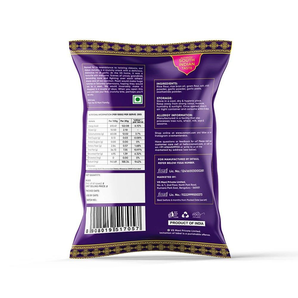 VS Mani & Co. Garlic Ribbon Murukku, No Palm Oil : 65 g