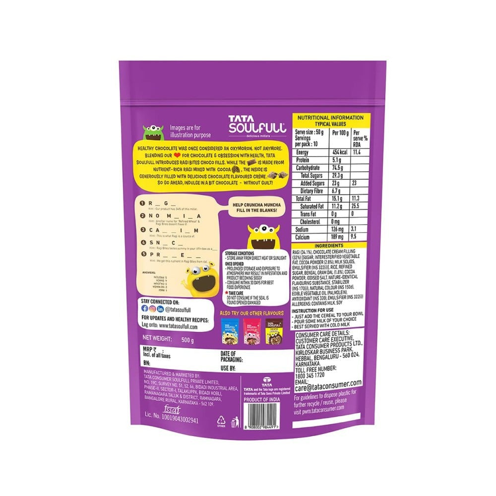 Tata Soulfull Ragi Bites Choco Fills, No Maida, Breakfast Cereal : 500 g