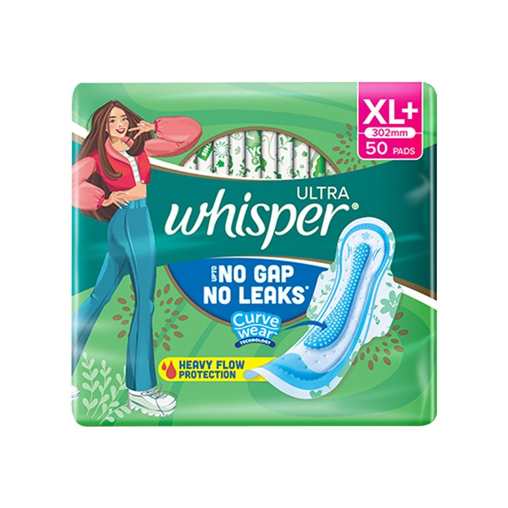 Whisper Ultra Upto No Gap No Leaks Sanitary Pads (XL+, 50 pieces)