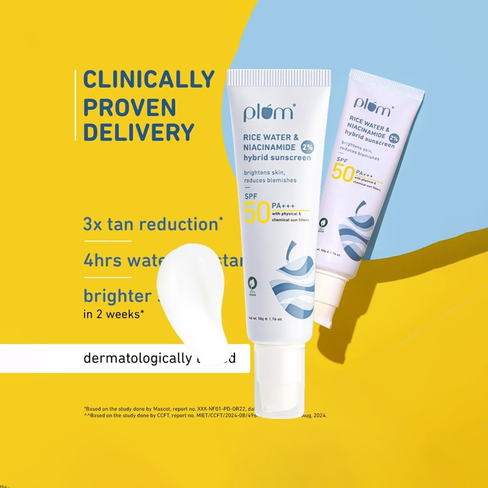 Plum Rice Water & Niacinamide Hybrid Sunscreen (SPF 50, PA +++) - Pack of 2 : 2 x 50 g