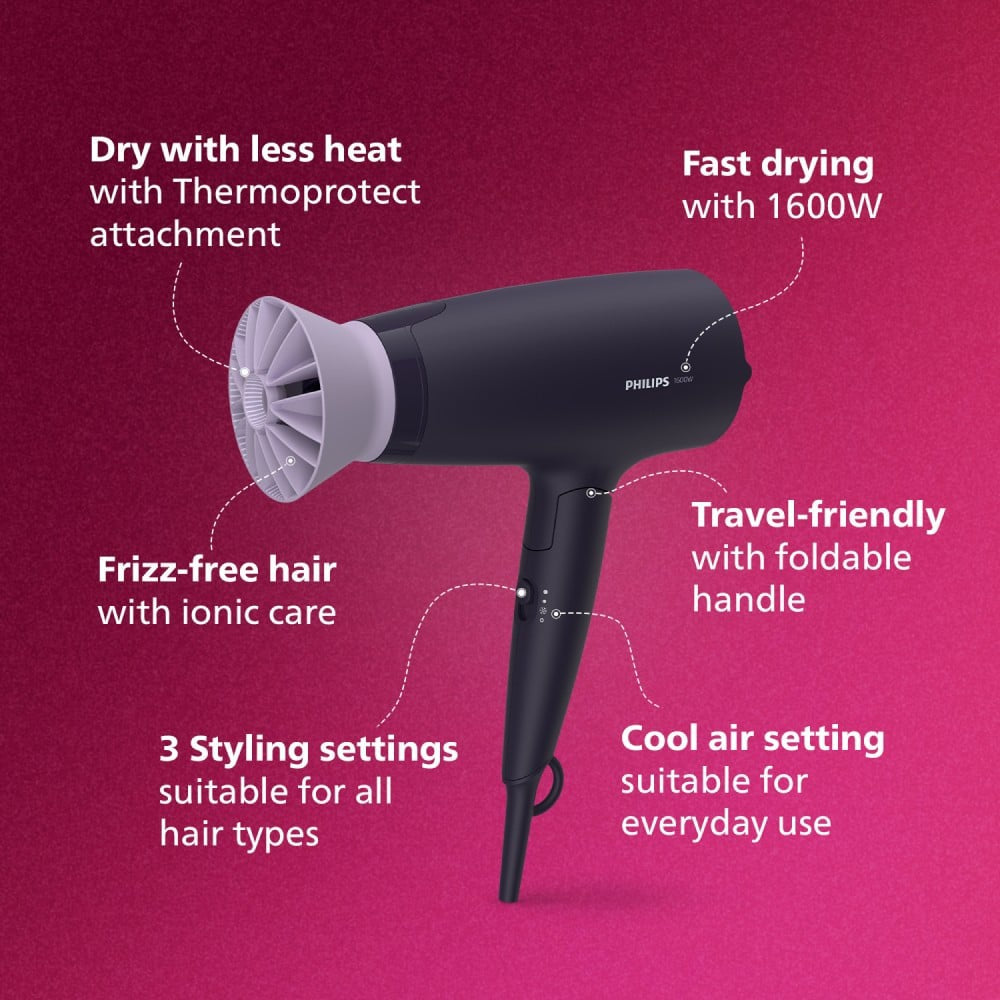 Philips BHD318/00 Hair Dryer - Powerful Drying with Less Heat (Purple, 1600W) : 1 unit