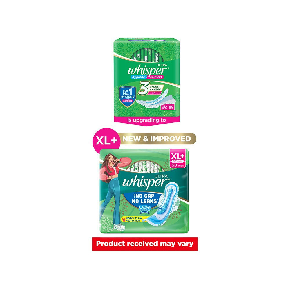 Whisper Ultra Upto No Gap No Leaks Sanitary Pads (XL+, 50 pieces)