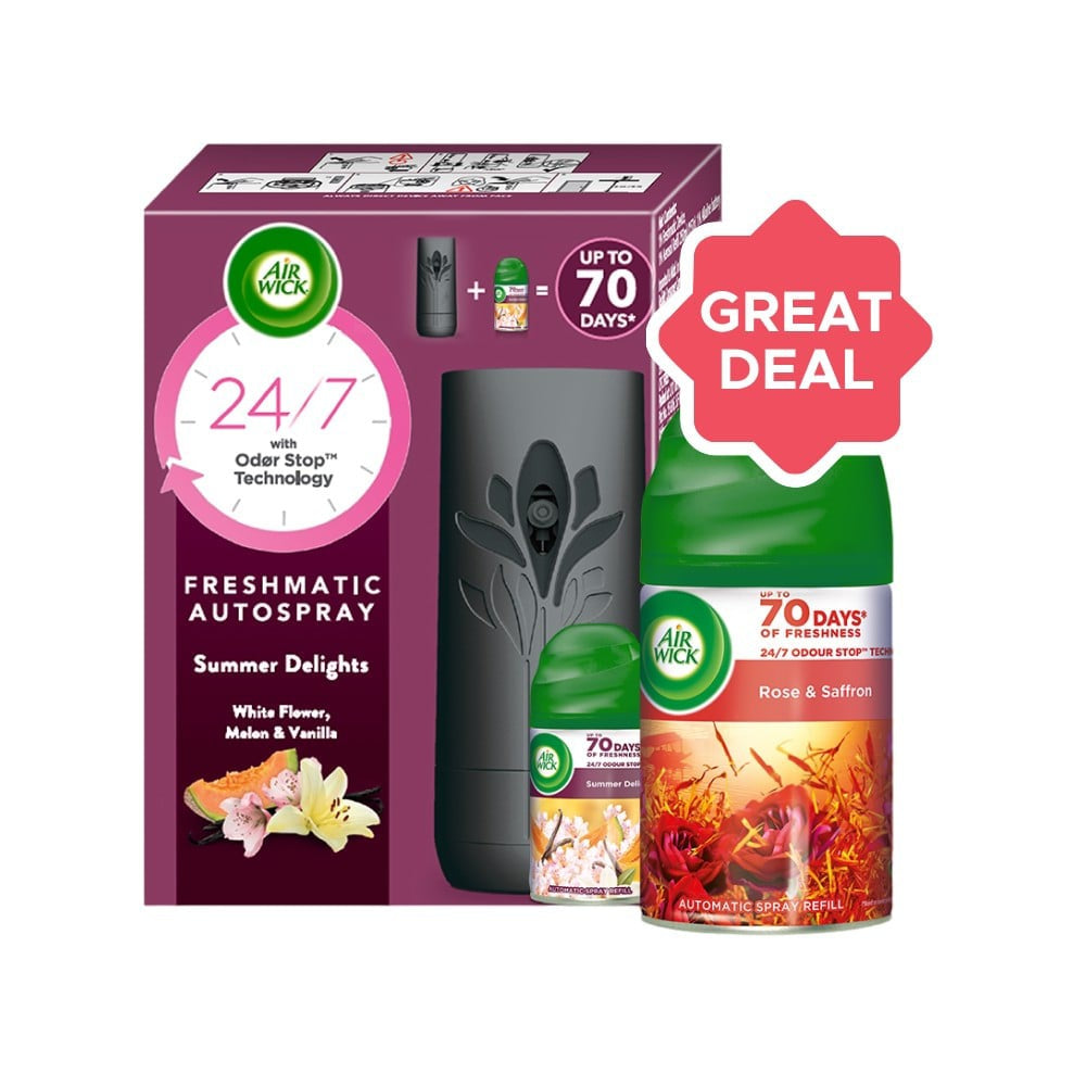 Airwick Airwick Air Freshener Kit (Machine + Summer Delights Refill) + Airwick Freshmatic Automatic Room Freshener (Rose and Saffron) Combo : 250 ml + 250 ml