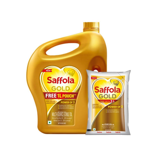 Saffola Gold Refined Blended Cooking Oil (Rice Bran + Corn) - Free 1 l Pouch : 5 l + 1 ltr