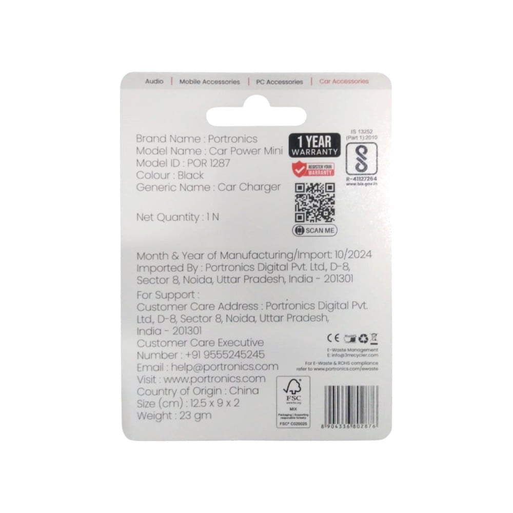 Portronics Car Charger (Power mini with Dual Output, Fast Charging - Type C PD 38W + USB) : 1 piece