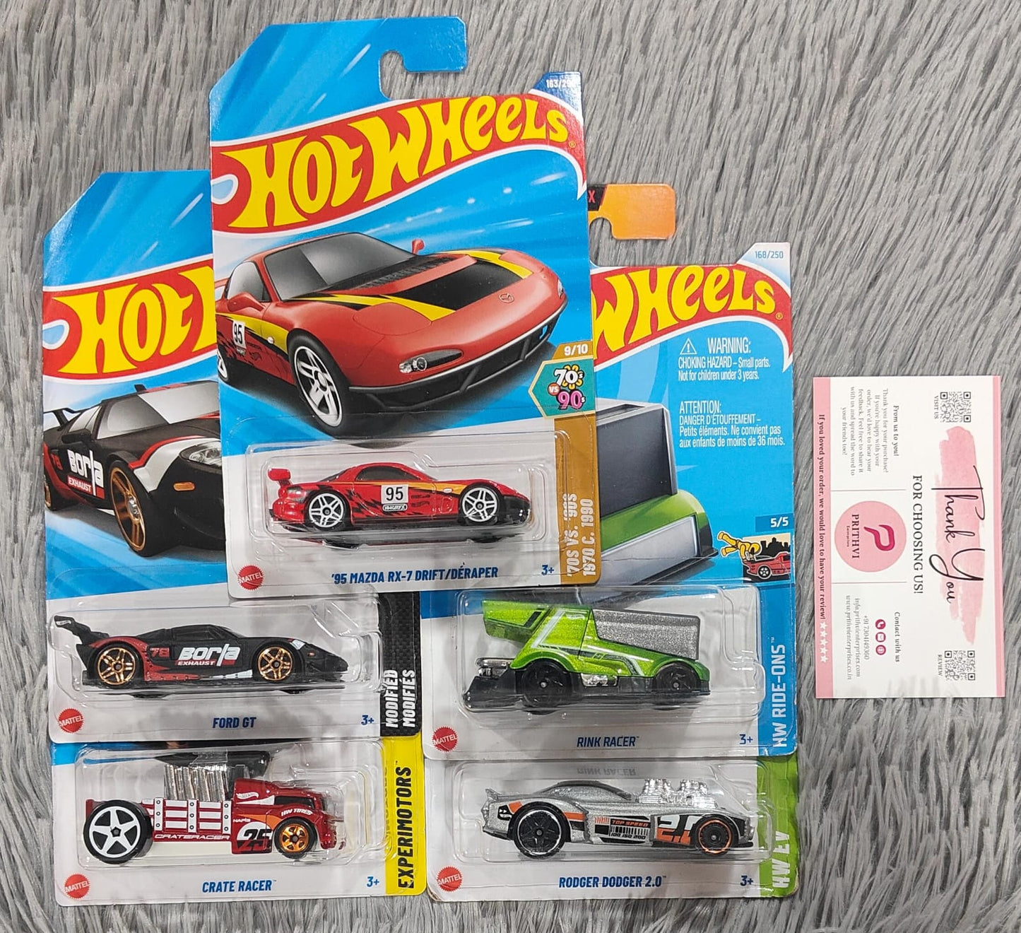 Hot Wheels 5-Car Combo Set – 95 Mazda RX-7 Drift, Ford GT Borla, Crate Racer, Rink Racer & Rodger Dodger 2.0 (2024–2025 Collection by Mattel)