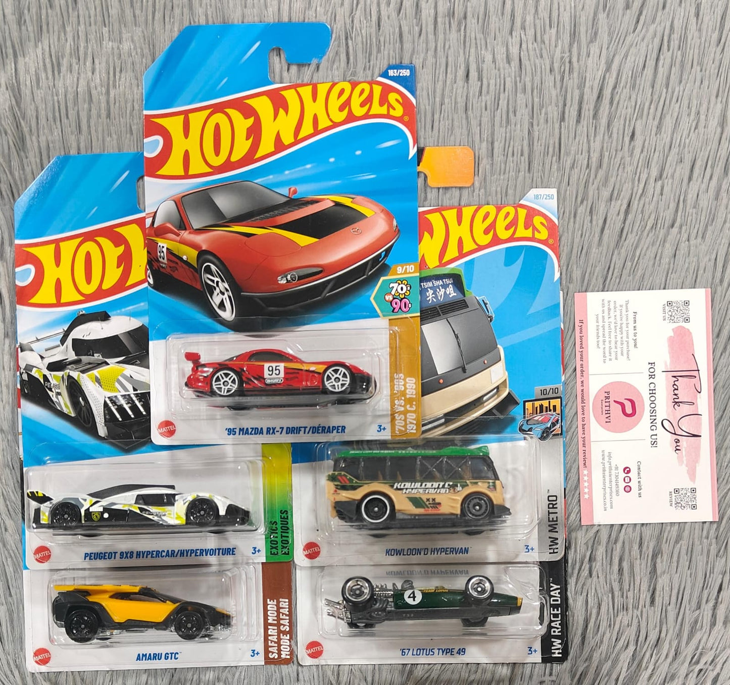 Hot Wheels 5-Car Combo Set – 95 Mazda RX-7 Drift, Peugeot 9X8 Hypercar, Kowloond Hypervan, Lotus Type 49 & Amaru GTC (2025 Collection by Mattel)