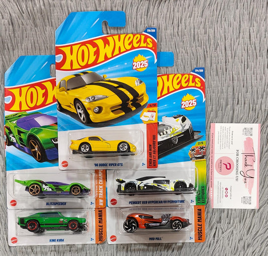 Hot Wheels 5-Car Combo Set – 96 Dodge Viper GTS, Peugeot 9X8 Hypercar, Blitzspeeder, King Kuda & Mod Mill (2025 Collection by Mattel)