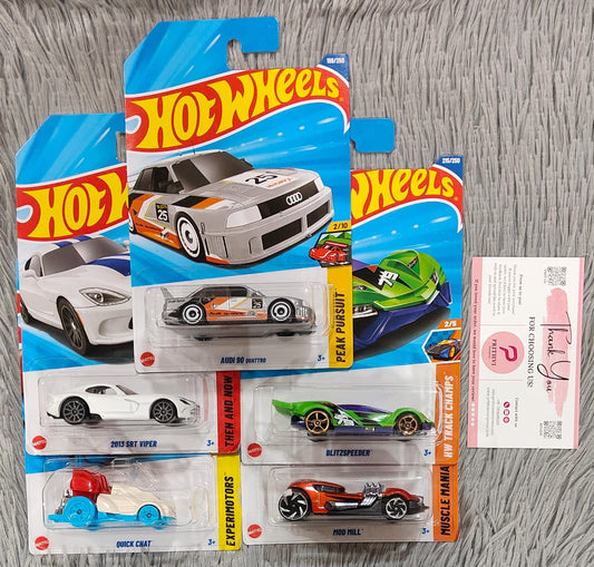 Hot Wheels 5-Car Combo Set – Audi 90 Quattro, 2013 SRT Viper, Quick Chat, Blitzspeeder & Mod Mill (2025 Collection by Mattel)