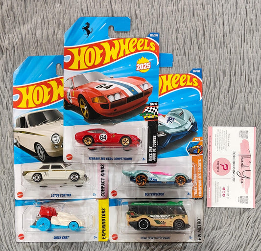 Hot Wheels 5-Car Combo Set – Ferrari 365 GTB4 Competizione, Lotus Cortina, Blitzspeeder, Quick Chat & Kowloond Hypervan (2025 Collection by Mattel)