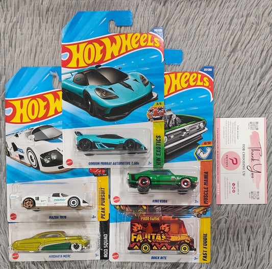 Hot Wheels 5-Car Combo Set – Mazda 787B, GMA T.50S, King Kuda, Hirohata Merc & Quick Bite (2025 Collection by Mattel)