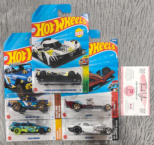 Hot Wheels 5-Car Combo Set – Peugeot 9X8 Hypercar, Big-Air Bel-Air, Track Dwagon, Madfast & Hoto Roto (2025 Collection by Mattel)