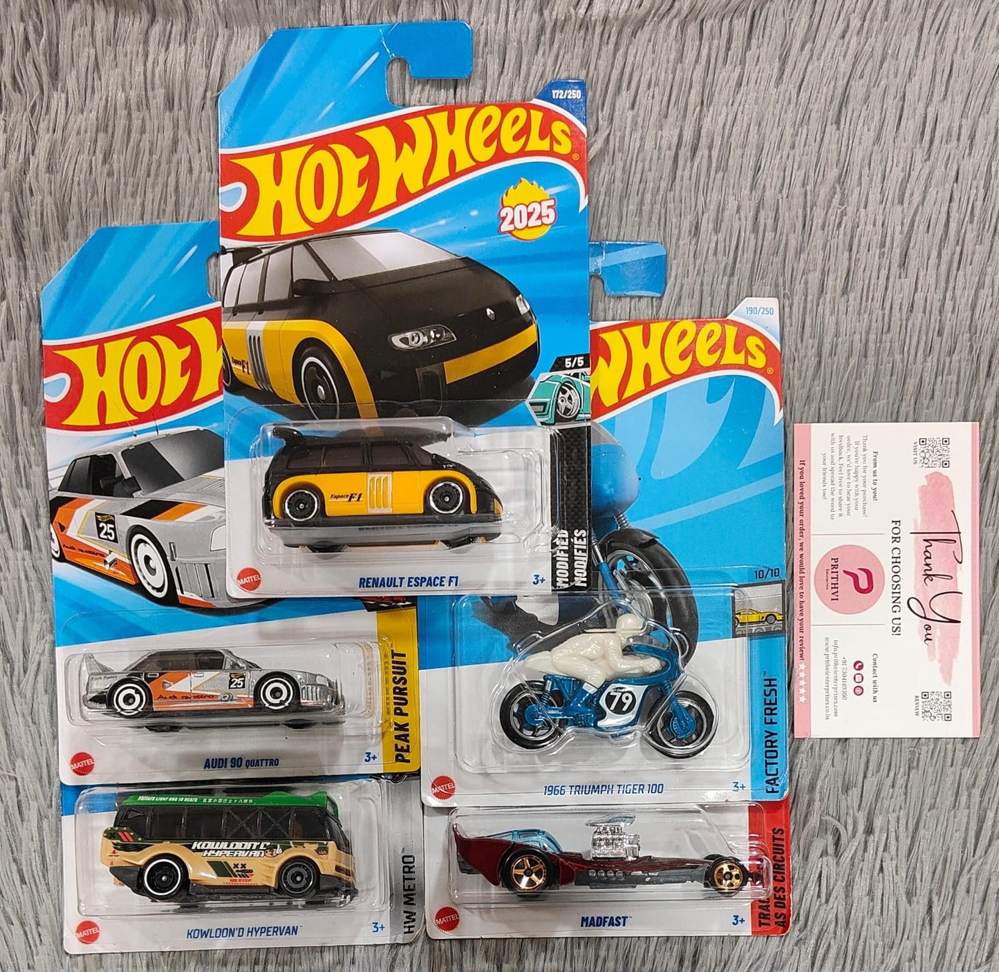 Hot Wheels 5-Car Combo Set – Renault Espace F1, Audi 90 Quattro, Kowloond Hypervan, Triumph Tiger 100 & Madfast (2024–2025 Collection by Mattel)
