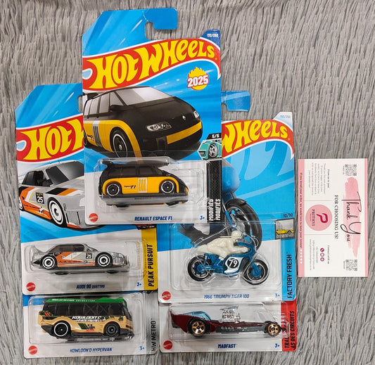 Hot Wheels 5-Car Combo Set – Renault Espace F1, Audi 90 Quattro, Kowloond Hypervan, Triumph Tiger 100 & Madfast (2024–2025 Collection by Mattel)