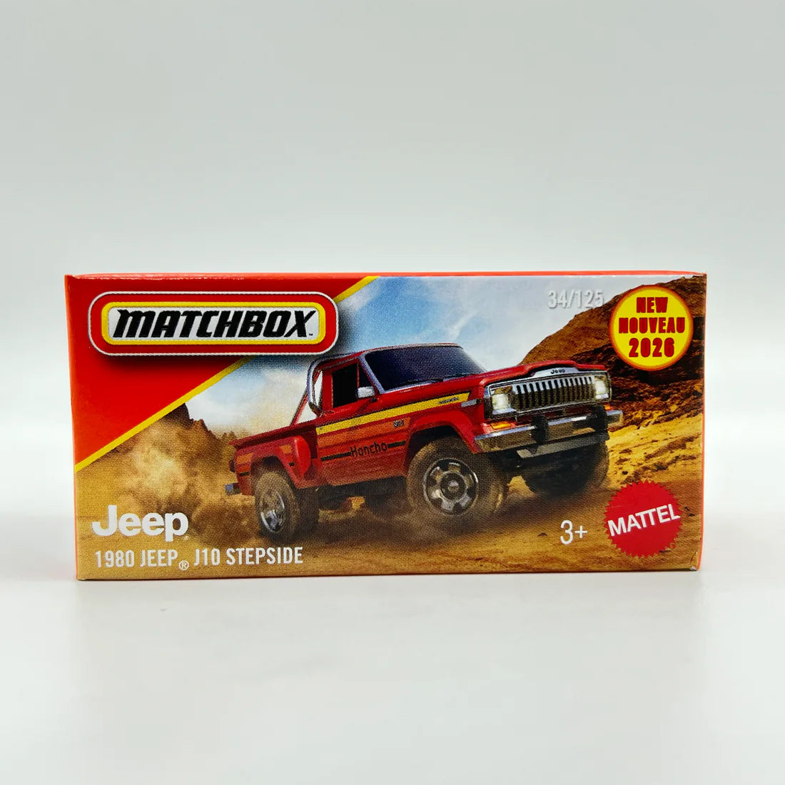 Matchbox 1980 Jeep FJ40 Stepside toy vehicle packaging on a white background