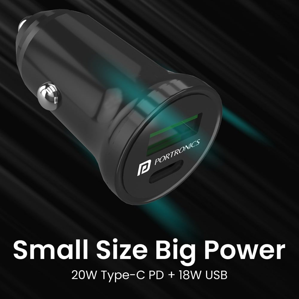 Portronics Car Charger (Power mini with Dual Output, Fast Charging - Type C PD 38W + USB) : 1 piece