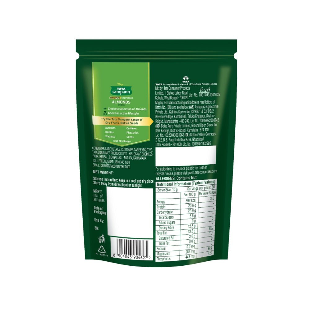 Tata Sampann California Almonds (100% Pure) (Hara Badam) : 500 g