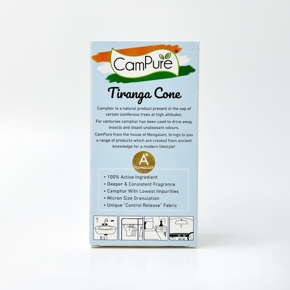 CamPure 100% Organic Camphor Tiranga Car Freshener Cone : 60 g
