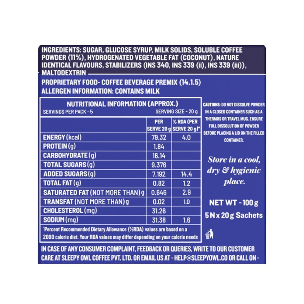 Sleepy Owl Cappuccino Instant Coffee Premix (3 in 1) : 5 x 20 g