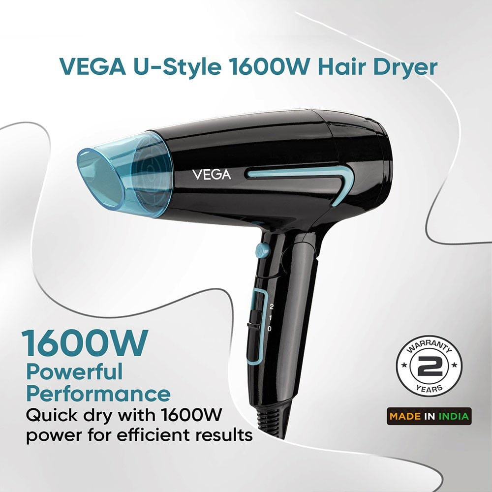 Vega U Style Foldable Hair Dryer, VHDH-24 (Black, 1600W) : 1 unit