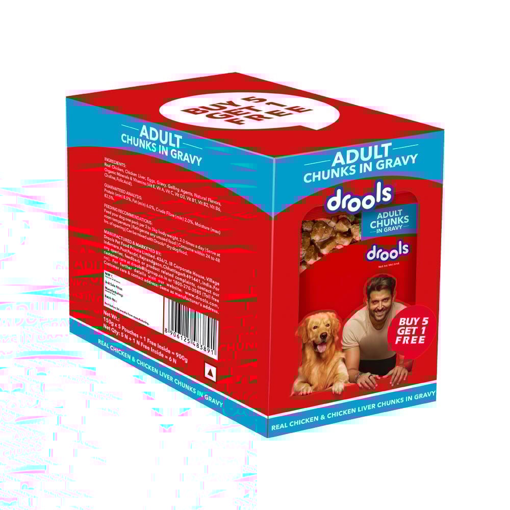 Drools Adult Dog Wet Food (Chicken Liver Chunks in Gravy) : 5 x 150 g + 150 g
