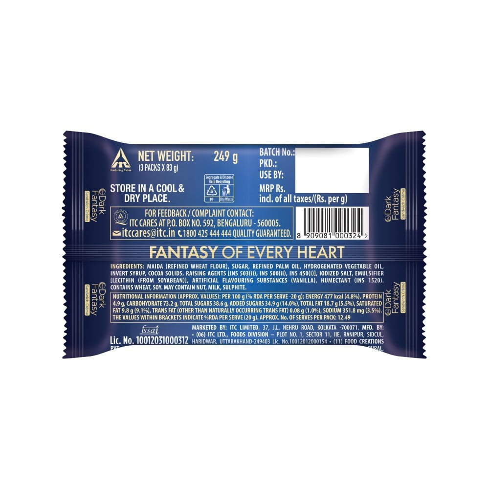 Sunfeast Dark Fantasy Vanilla Sandwich Cream Biscuits 3 x 83 g - Pack of 2