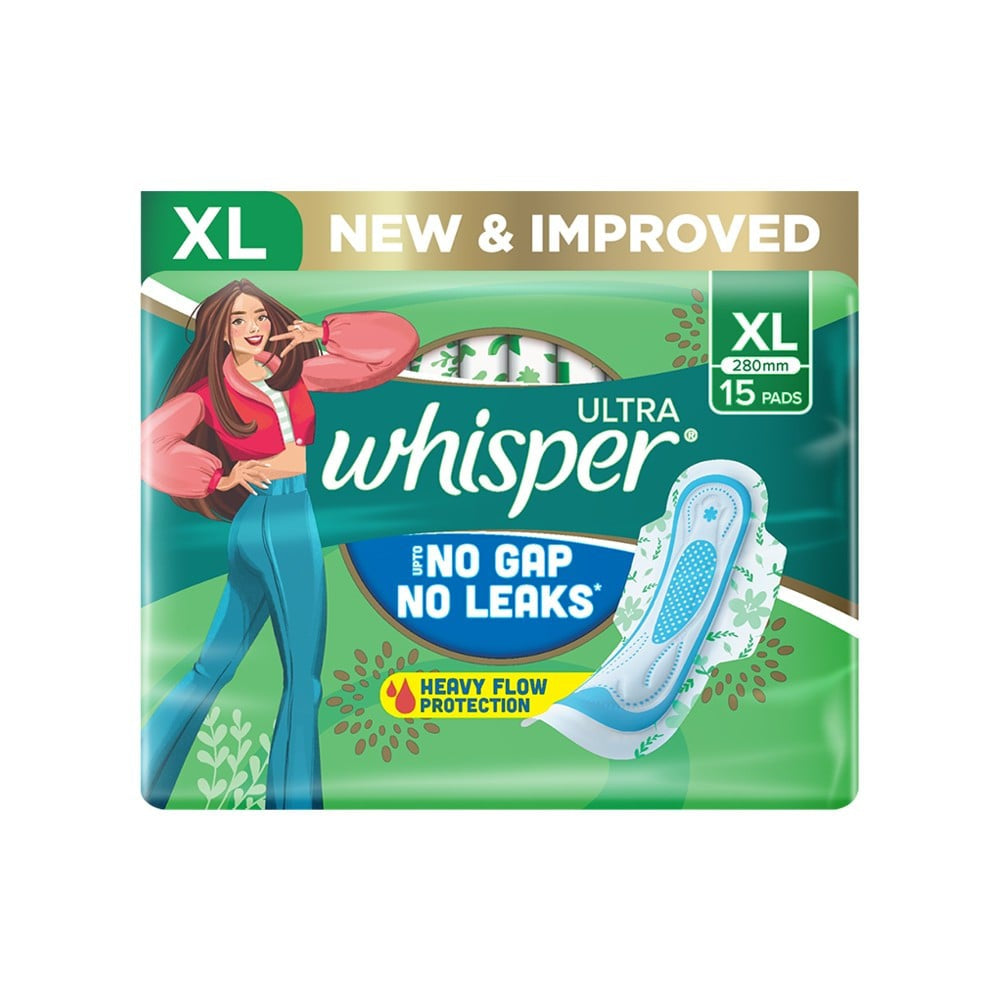 Whisper Ultra Upto No Gap No Leaks Sanitary Pads (XL, 15 pieces)